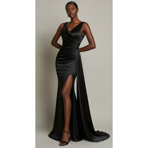 Women’s Black Satin V Neck Ruched High Slit Evening Cocktail Maxi Dress Size S